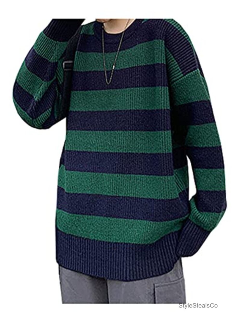 Striped Knit Pullover Sweater Oversized Crew Neck Long Sleeve Cotton Polyester